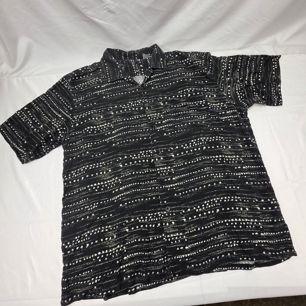 Bachrach Mens XL 100% Silk Button Front Camp Shirt Black Abstract Dotted Stripe